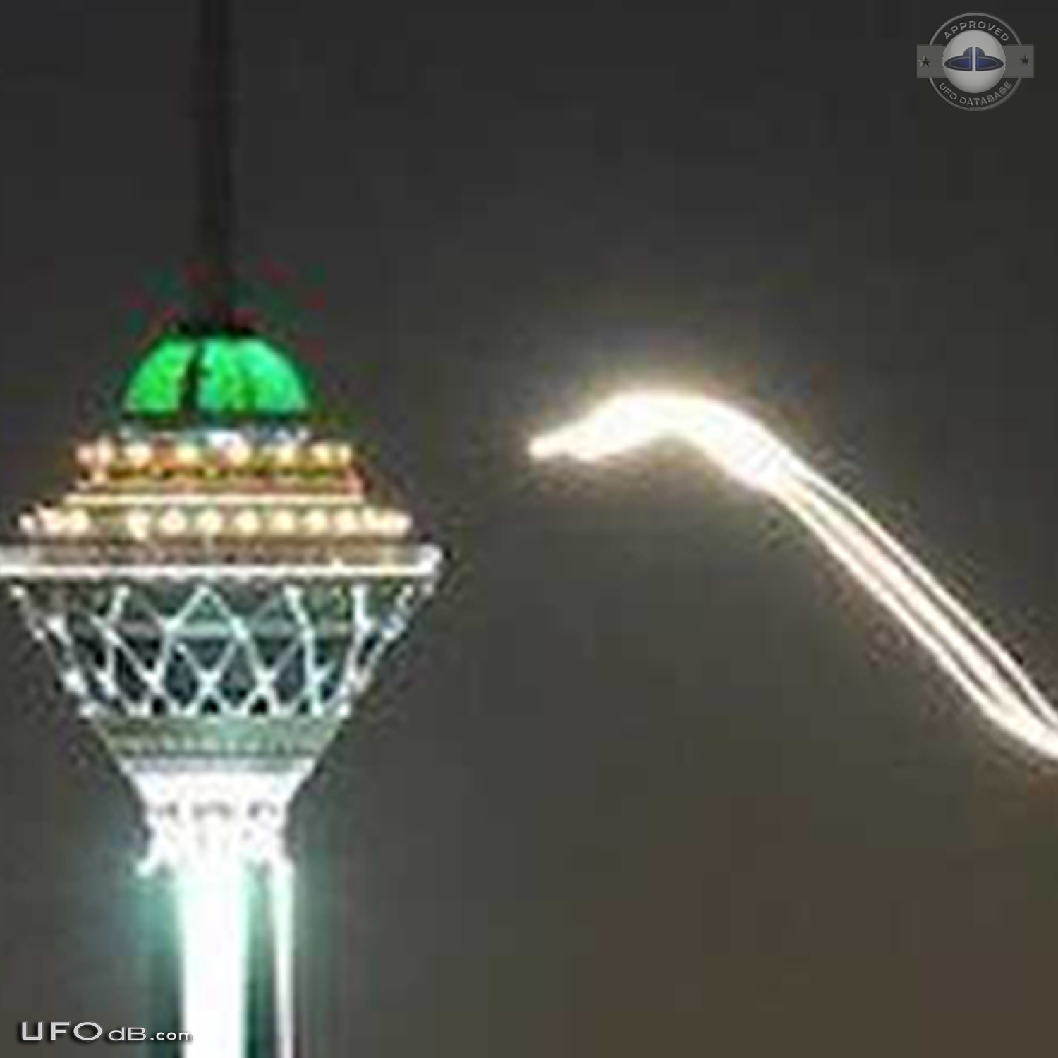 Glowing UFO with long trail near Milad Tower, Tehran, Iran 2012 UFO Picture #437-5