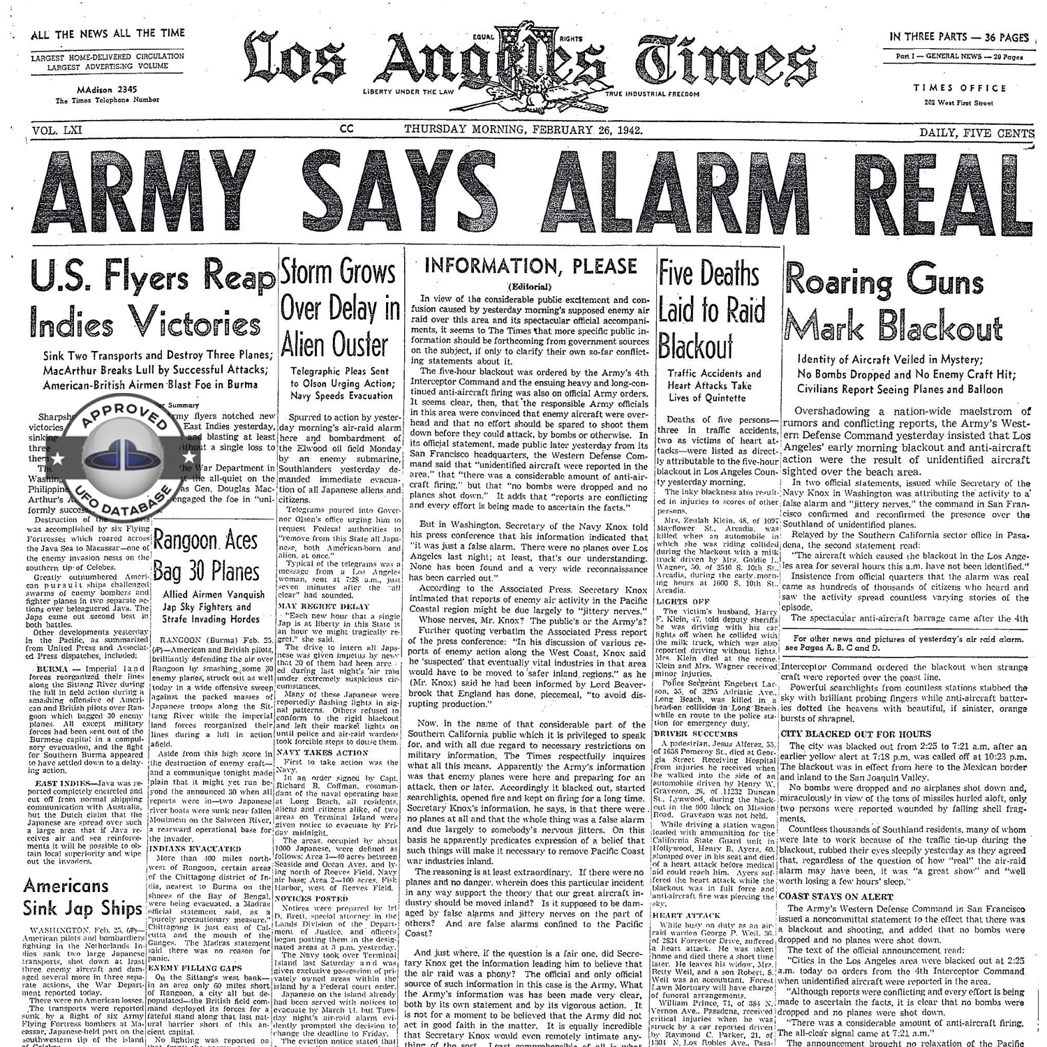 37th Coast Artillery Brigade lit up their spotlights to find a big UFO UFO Picture #109-5