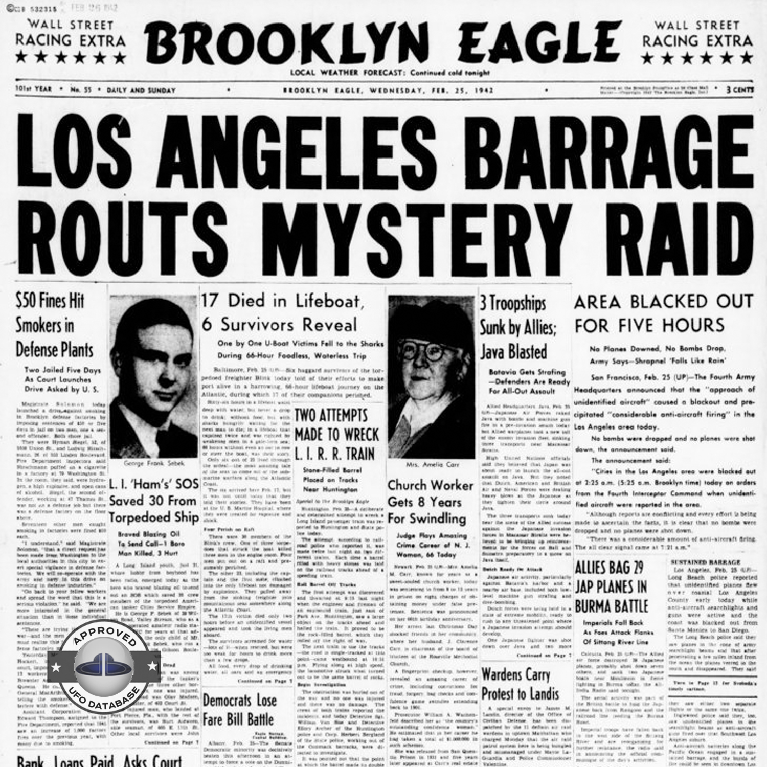 37th Coast Artillery Brigade lit up their spotlights to find a big UFO UFO Picture #109-6