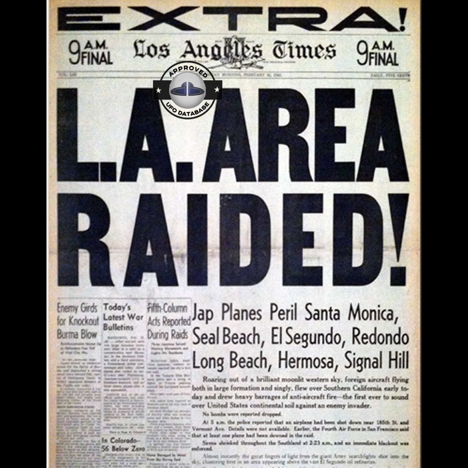 37th Coast Artillery Brigade lit up their spotlights to find a big UFO UFO Picture #109-7