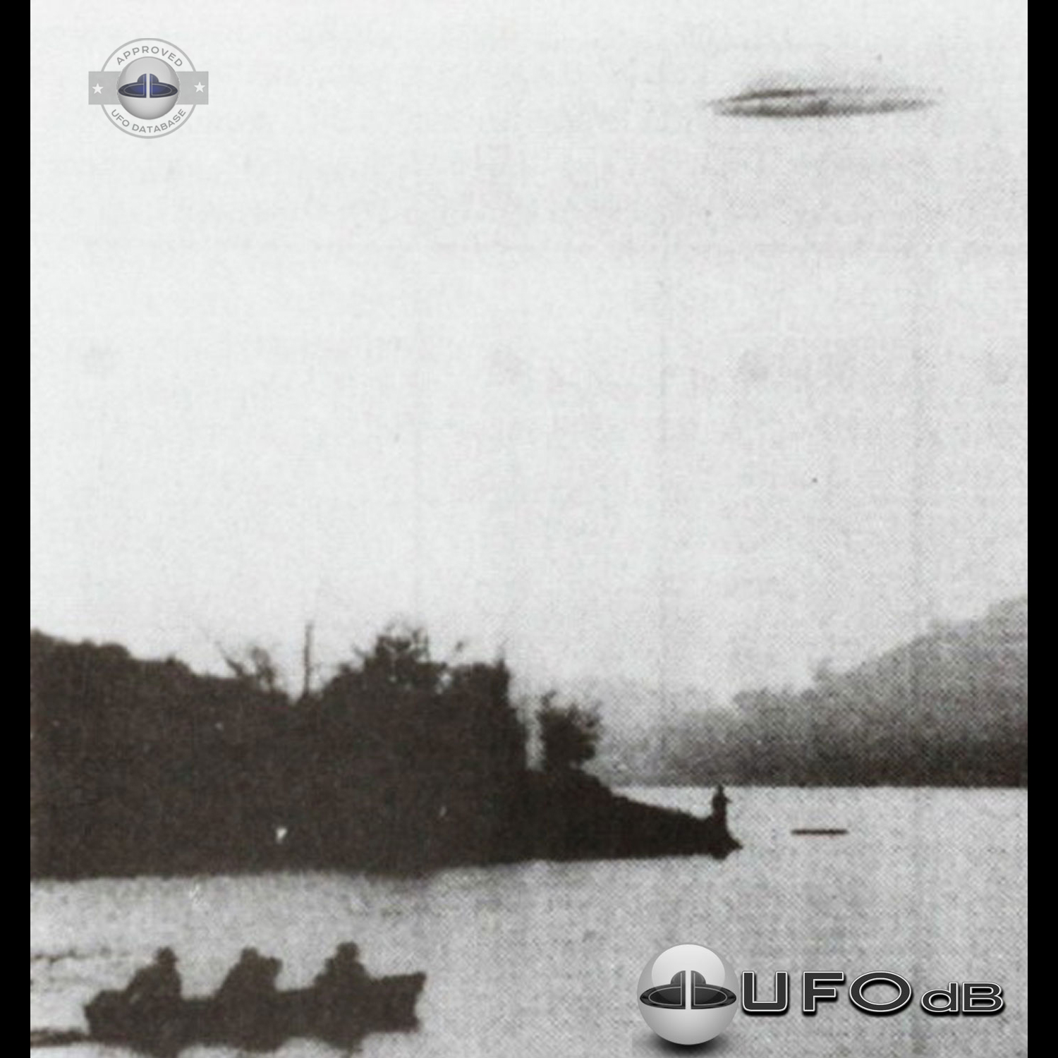 UFO over a fisherman and people in a canoe on a lake UFO Picture #45-1