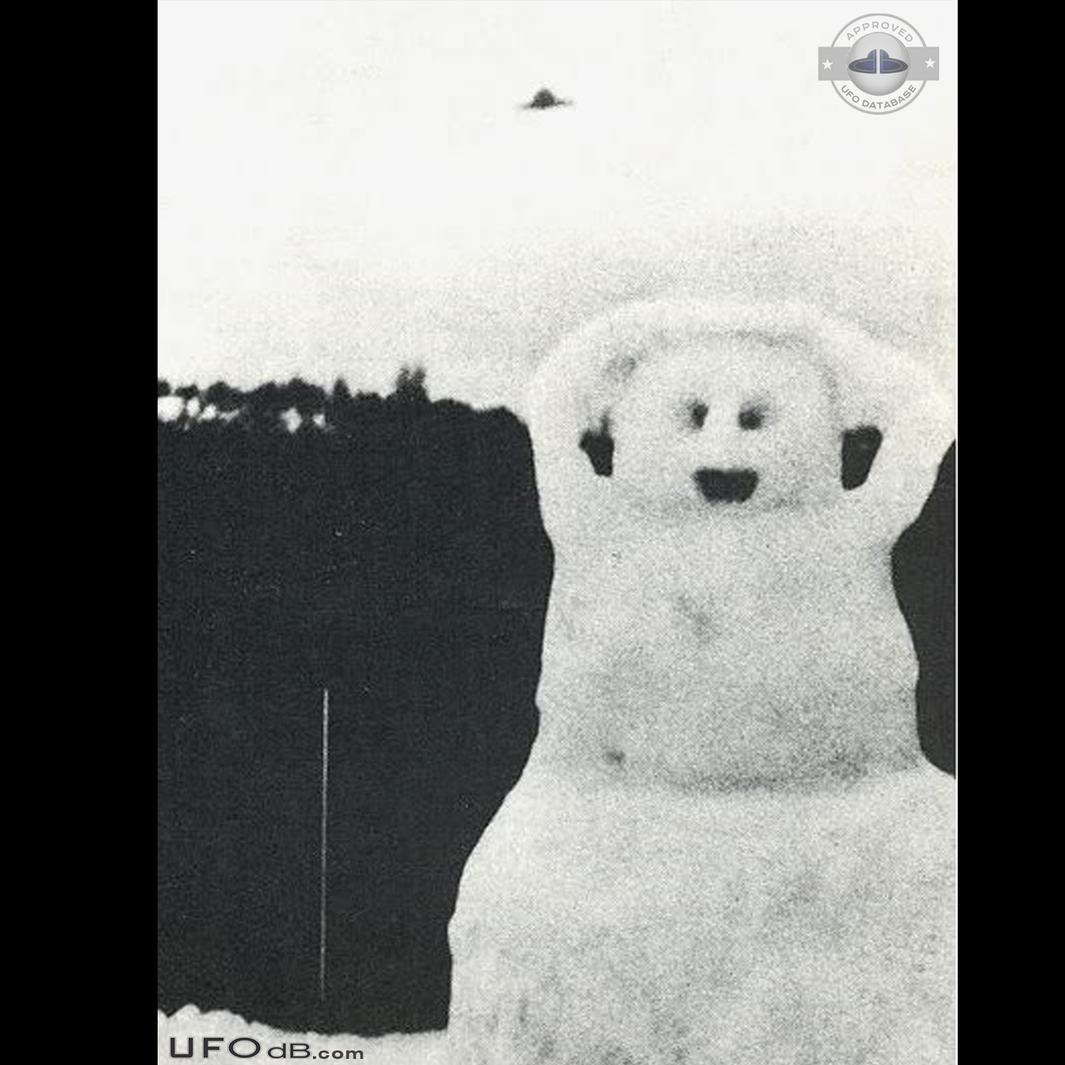 Picture of snowman in Nanaimo BC Canada gets a passing saucer UFO 1975 UFO Picture #498-1