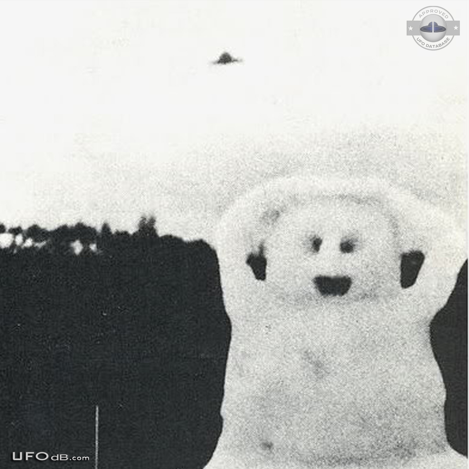 Picture of snowman in Nanaimo BC Canada gets a passing saucer UFO 1975 UFO Picture #498-2