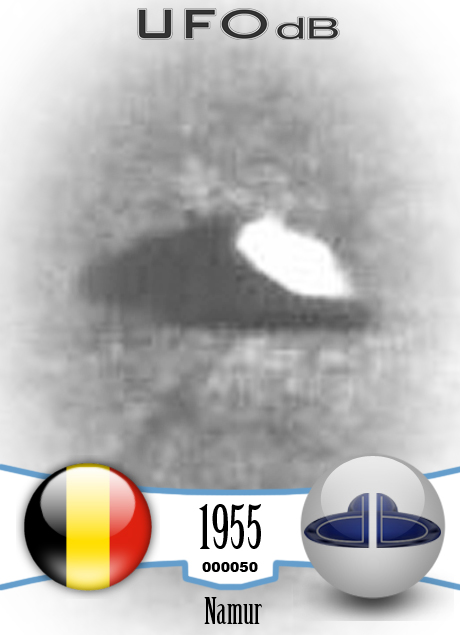 Dark grey UFO picture showing flying saucer near the city of Namur UFO CARD Number 50