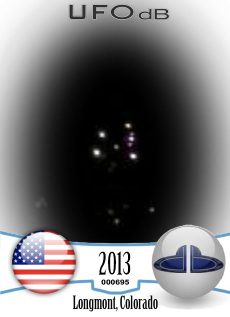 Cluster of lights UFOS seemed to form a triangular shape Colorado 2013 UFO CARD Number 695