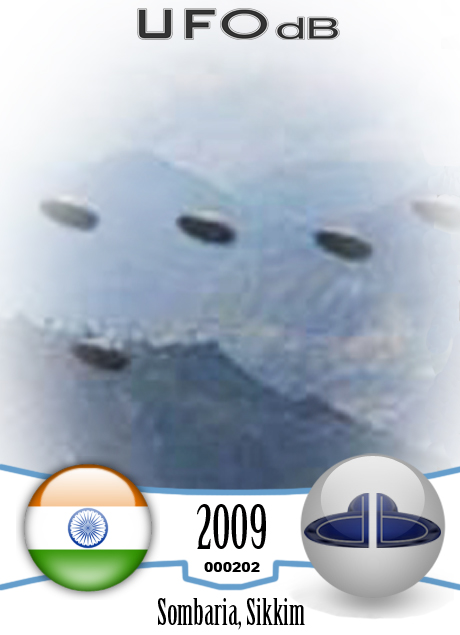 Fleet of 5 UFOs flying in precise formation Hills of Sombaria Gangtok UFO CARD Number 202