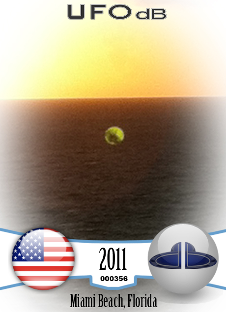 Green Sphere UFO caught on picture over the ocean | Miami Beach | 2011 UFO CARD Number 356