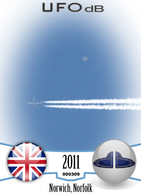 High Altitude UFO near airplane caught on picture Norwich UK May 2011 UFO CARD Number 309