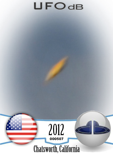 Orange Saucer UFO caught on picture over Chatsworth, California 2012 UFO CARD Number 507