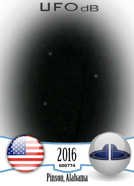 Three slowly moving UFOs in shape of inverted triangle Alabama 2016 UFO CARD Number 774