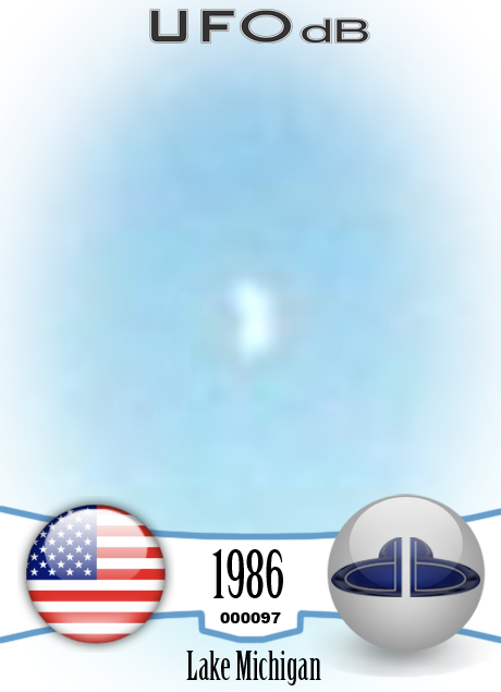UFO flying over dark blue water near the shore of Lake Michigan USA UFO CARD Number 97