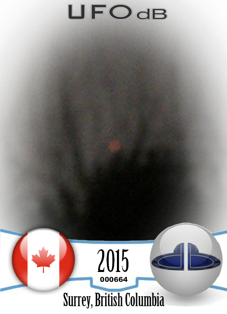 red-orange UFO pulsing, moving straight slowly Surrey BC Canada 2015 UFO CARD Number 664