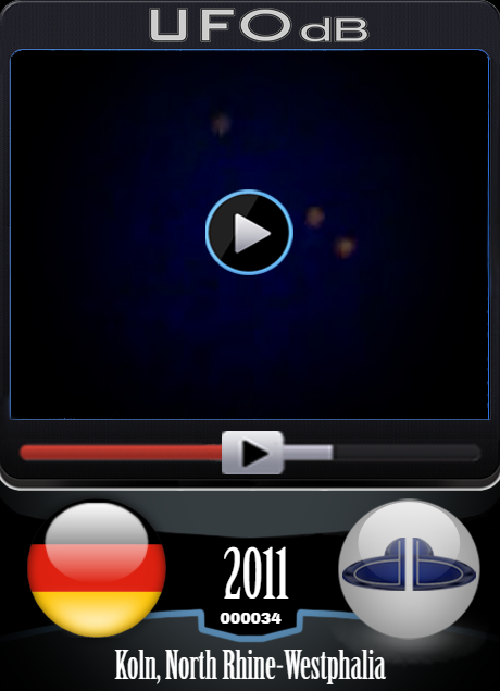 Fleet of Orange UFOs in dark blue sky over Koln Cologne Germany 2011 UFO CARD Number 34